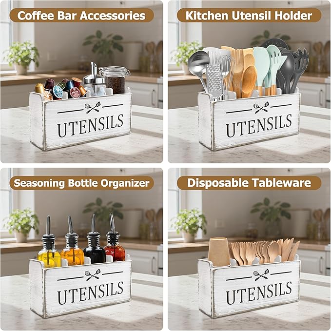 RedCall Extra Large Utensil Holder Organizer,4 Compartments Wooden Kitchen Tool Holder for Countertop,Rustic Farmhouse Utensil Organizer for Spatula Spoon Storage (Antique-4)