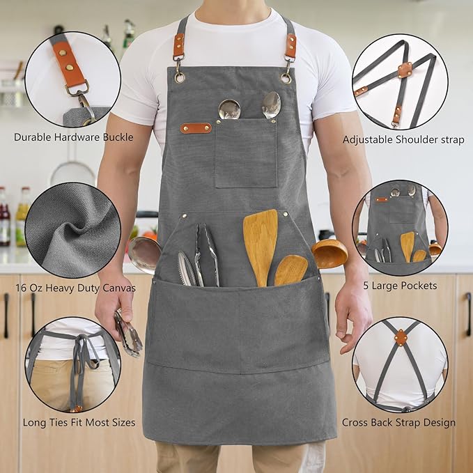 Aoomzoon Canvas Aprons for Men Chef Apron, Work Apron with Large Pockets - 16oz Heavy Duty Cross Back, BBQ, Cooking