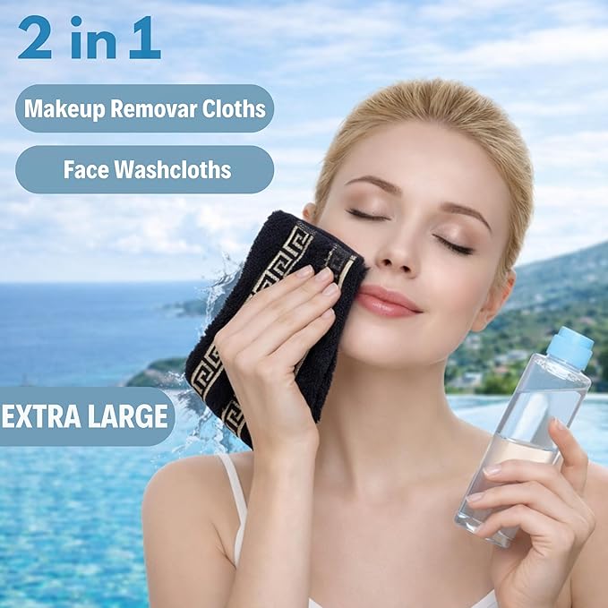 4 Piece WashCloth Set with Greek Key Design - 100% Cotton Soft & Absorbent Bathroom 12x19 in Small Towels - Soft Face Towels, Quick Dry Black Wash Cloth for Spa, Hotel & Home Use CC1