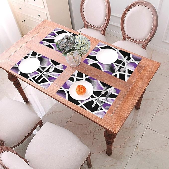 Modern Geometric Abstract Purple Placemats Set of 4, Linen Durable Non-Slip Heat-Resistant Washable Black White Purple Patterned Place Mats for Dining Table, Kitchen, Party, Kitchen Table Mats Decor