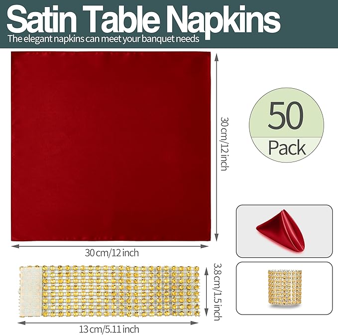 100 Pack Red Satin Napkins and Napkin Rings Set,12 x 12 Inch Silky Soft Cloth Napkins Set of 50,Square Satin Dinner Table Napkins Bulk for Wedding Banquet Restaurant Graduation Party Decoration