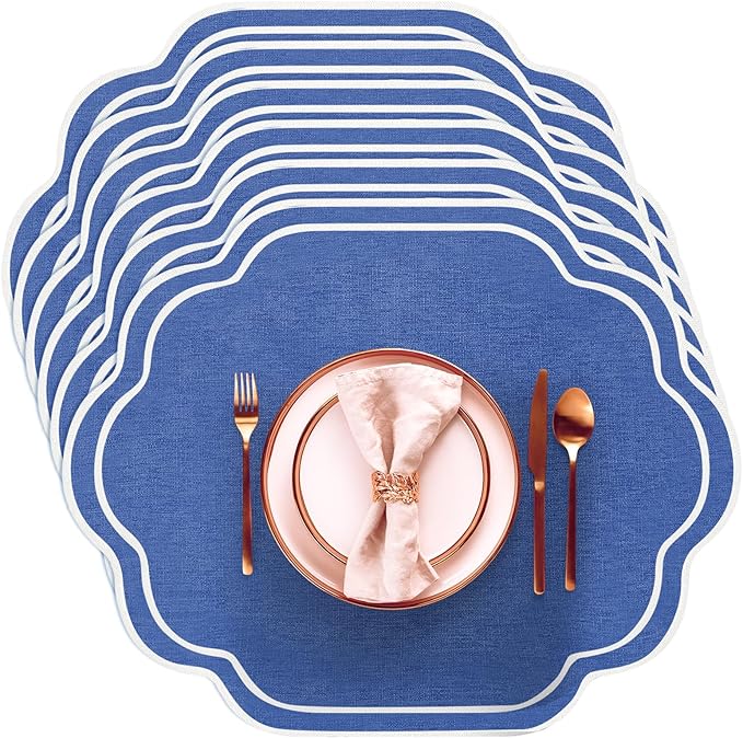 Breling 6 Pcs Wedding Placemats Scalloped Embroidered Cotton Linen Placemats 17" x 13" Double Layered Machine Washable Table Place Mat for Party Table Decor (Navy Blue)