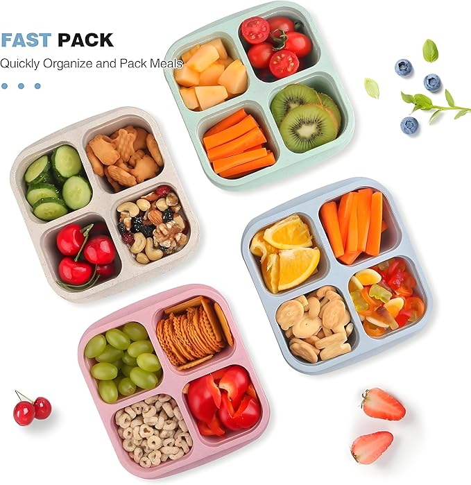 Emptycolor 3 Pack 4 Compartment Lunch Snack Containers with Lids, Meal Prep Bento Snack Boxes, BPA Free, Reusable Food Storage Lunchable Containers for People Work Travel