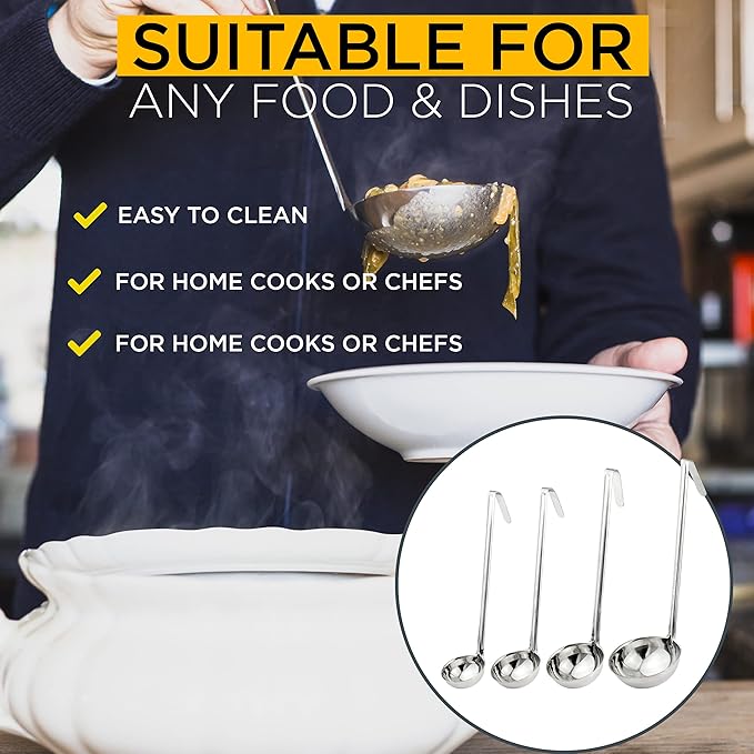 Fit Meal Prep Stainless Steel Soup Ladle One-Piece Sauce Spatula with Hook Handles, Commercial Grade Serving Spoon, Kitchen Tool for Restaurant or Home Cooking [Pack of 4] - 4oz, 6oz, 8oz, 12oz
