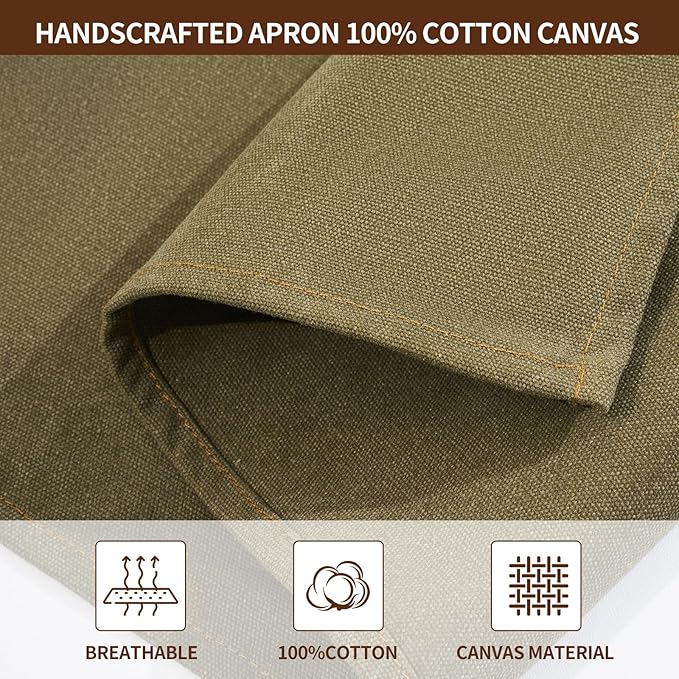 Chef Aprons for Men Women with 4 Large Pockets, Cotton Canvas Cross Back Adjustable Apron for Work grilling kitchen gardening