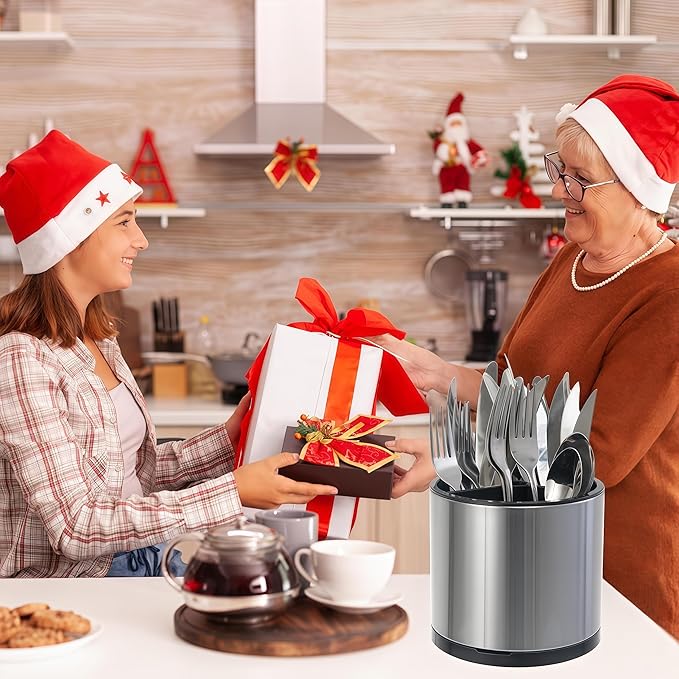 LIBODOUR Kitchen Utensil Holder Extra Large 360°Rotating For Counter Organizer Stainless Steel Storage Cooking Silverware Caddy 3 Compartment Flatware Spoon Spatula Tool Cutlery Container