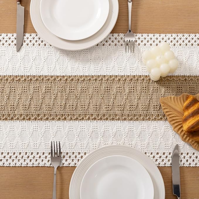 Socomi Boho Table Runner Easter Spring Farmhouse Rustic Dining Kitchen Centerpiece Decor Small Macrame Woven Cotton Linen Coffee Table Runner for Dresser Scarf Home Decor 12x36 inch
