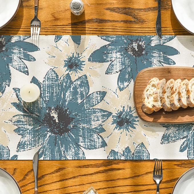 Artoid Mode Blue Retro Daisy Spring Table Runner, Seasonal Vintage Kitchen Dining Table Decoration for Home Party Decor 13x60 Inch