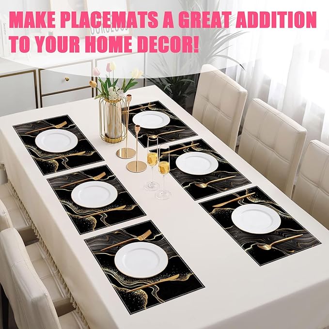 Black Gold Marble Placemats Set of 6,12x18 Inch Linen Place Mat Washable Stain Resistant Table Mats for Spring Summer Seasonal Farmhouse Kitchen Party Home Decor