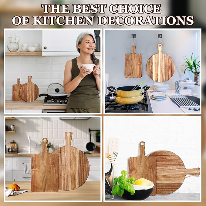 Hsei 2 Pcs Acacia Wood Cutting Board with Handle Wooden Charcuterie Board Large Paddle Carving Chopping Set Butter Serving Tray for Cheese Meat Fruit Pizza Bread Baking