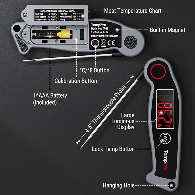 TempPro TP19 Waterproof Digital Meat Thermometer for Grilling with Ambidextrous Backlit & Thermocouple Instant Read Kitchen Cooking Food Thermometer for Candy Water Grill Smoker (Previously ThermoPro)