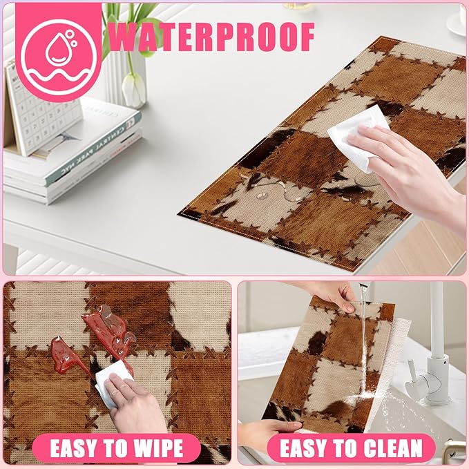 Brown Cowhide Print Placemats Set of 6,12x18 Inch Cow Skin Linen Place Mat Washable Stain Resistant Table Mats for Spring Summer Seasonal Farmhouse Kitchen Party Home Decor