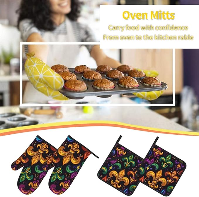 Colorful Fleur De Lis Oven Mitts and Pot Holders Sets Mardi Gras Kitchen Oven Gloves Heat Resistant 500 Degrees Oven Mitt and Hot Pad for Cooking BBQ Baking Grilling