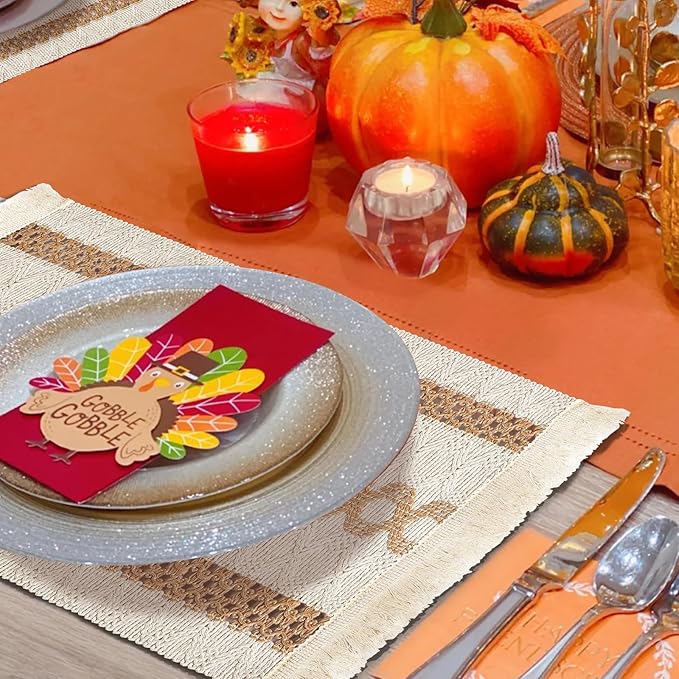 Boho Placemats Set of 6, Macrame Place Mats in Natural Cotton Burlap, Farmhouse Style Dining Table Mats for Indoors & Outdoors, Rustic Kitchen Home Decor