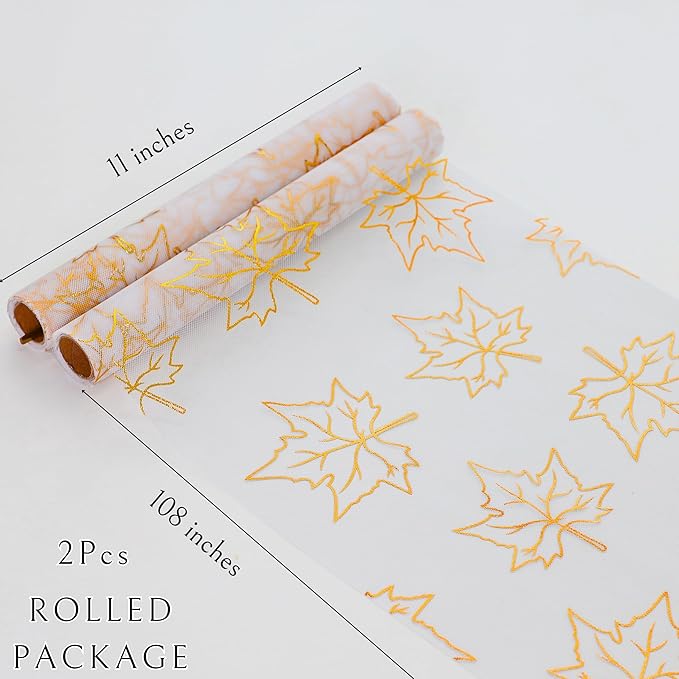 Snowkingdom 2 Pcs Gold Table Runner, Gold Maple Leaves Fall Thanksgiving Table Decorations for Autumn Harvest Sequin Glitter Lightweight White Thin Mesh Sparkle Farmhouse Dining Party Decor 120 Inch