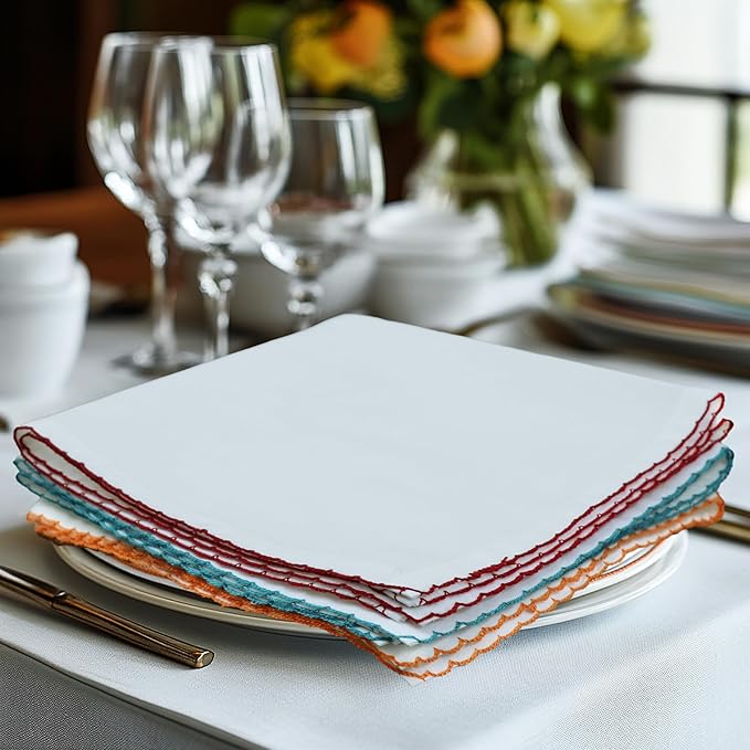 COTTON CRAFT Cloth Napkins - Set of 12 Pure Soft Cotton White Dinner Napkins with Colorful Border Trim – Absorbent Reusable Fabric Serviettes for Dining Table, Parties, Weddings, Everyday Use - 17x17