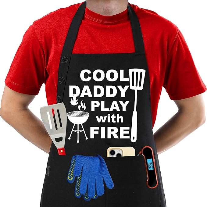 TOSHE Funny Apron Waterdrop Resistant Cotton Apron with adjustable Aprons for Women with Pockets 12 Color option Cooking (Black - Cool Daddy Play with Fire)