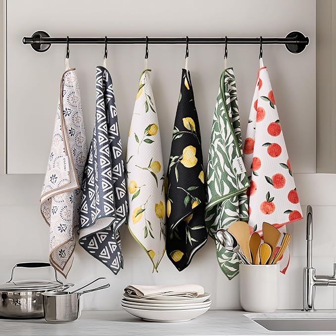 RECYCO Waffle Kitchen Towel Set of 2 - Quick Dry Microfiber Sustainable Dish Towels - Ultra Absorbent Reusable Cleaning Tea Towels - Lightweight Hand Towels,16”x 28”, Peachy Leaves