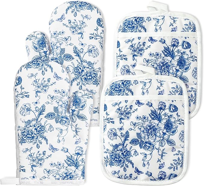 AnyDesign 4Pcs Blue Porcelain Floral Oven Mitts and Pot Holders Set Heat Resistant Non-Slip Potholders Chinoiserie Flower Kitchen Oven Gloves with Hot Pads for Cooking Baking