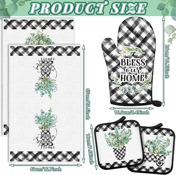 5 Pcs Buffalo Plaid Oven Mitts Pot Holders Dish Towels Set Including 2 Pcs Farmhouse Kitchen Towels 2 Pcs Potholders 1 Pcs Microwave Gloves for Kitchen Cooking (Eucalyptus)