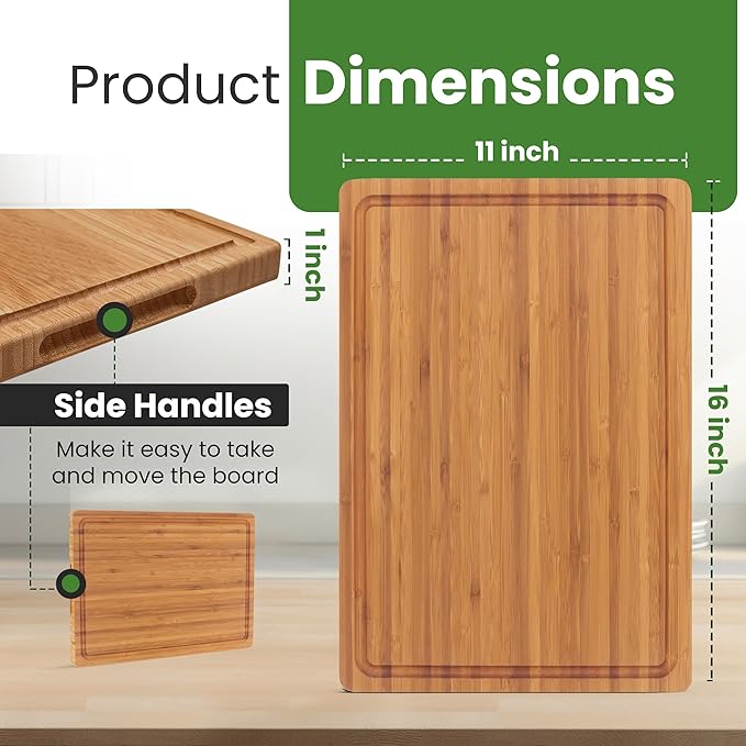 Bamboo Cutting Board for kitchen. 1'' Extra Thick Wood Chopping Board with deep Juice Groove and inner handle. Charcuterie & Butcher block- (16"x11"x1")