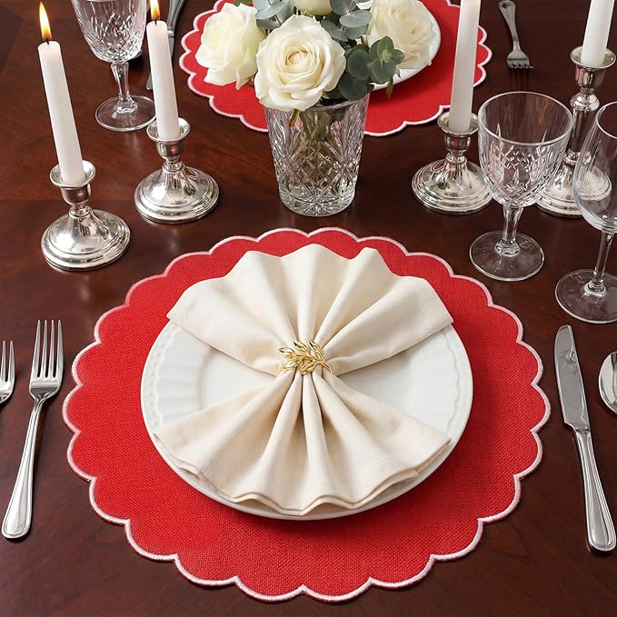 Set of 12 Red Cotton Placemats 15 Inch Round Scalloped Embroidery Placemats Washable Double Layered Rustic Table Mat Fabric Napkins for Wedding Table Decor