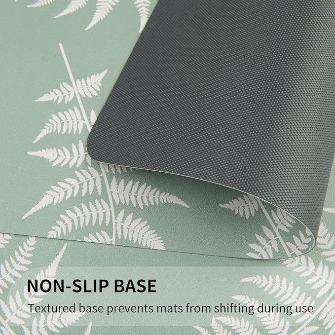 QIYI Placemats Set of 6, 12x18 Inch Faux Leather Place Mats for Kitchen Dinning, Heat Resistant Anti Slip Green White Table Mats, Waterproof Wipeable Washable Placemat Party Table Décor, Fern Leaves