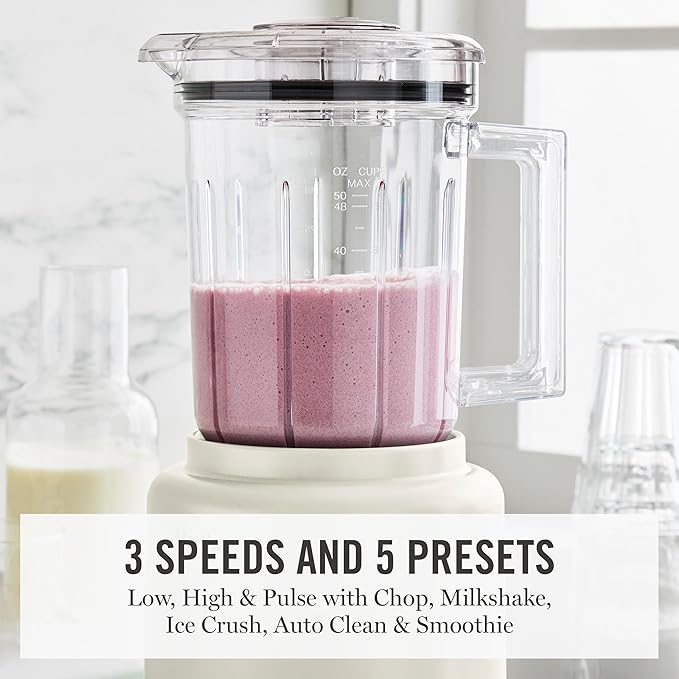 Martha Stewart Countertop Blender, 50oz Jar, 6 Stainless Steel Blades 3 Speeds & 5 Presets, Auto Clean, Smoothies, Crush Ice, Shakes, Chop, Margarita, Measurement Markings, 700W, Linen Cream