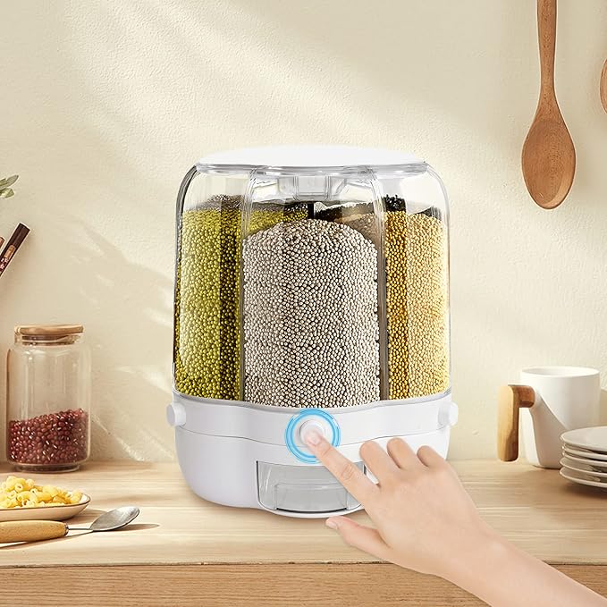 360° Rotating Grain Dispenser with 6 Grids, 27lbs Large Capacity Grain Dispenser Rotating Kitchen Storage Containers With Sealed Lid for Cereals, Oatmeal and Candy
