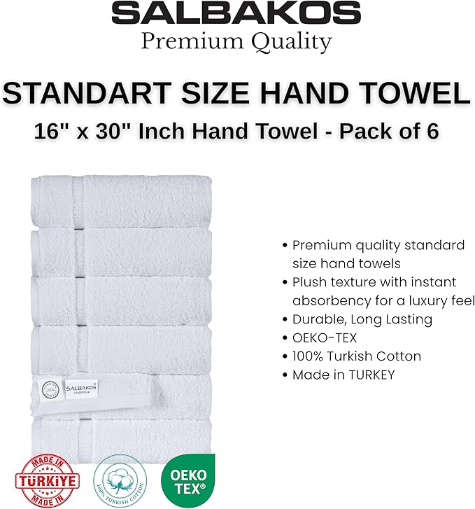SALBAKOS 100% Turkish Cotton Hand Towels Set White, Pack of 6, 16x30 in | Luxury Hotel Quality Super Soft Absorbent Hair, Face & Hand Drying Towel for Bathroom | Made in Turkey (White, 6 Hand Towels)
