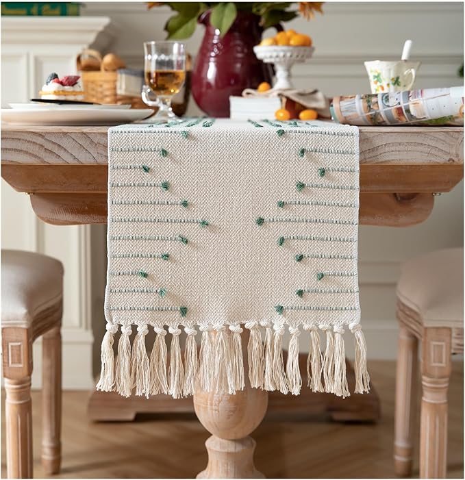 Boho Table Runner 13 x 72 Inch Long Natural Cotton Woven Runner with Tassels for Home Dining Table décor, for Modern Farmhouse Decor Coffee Table Runner, Green and Beige
