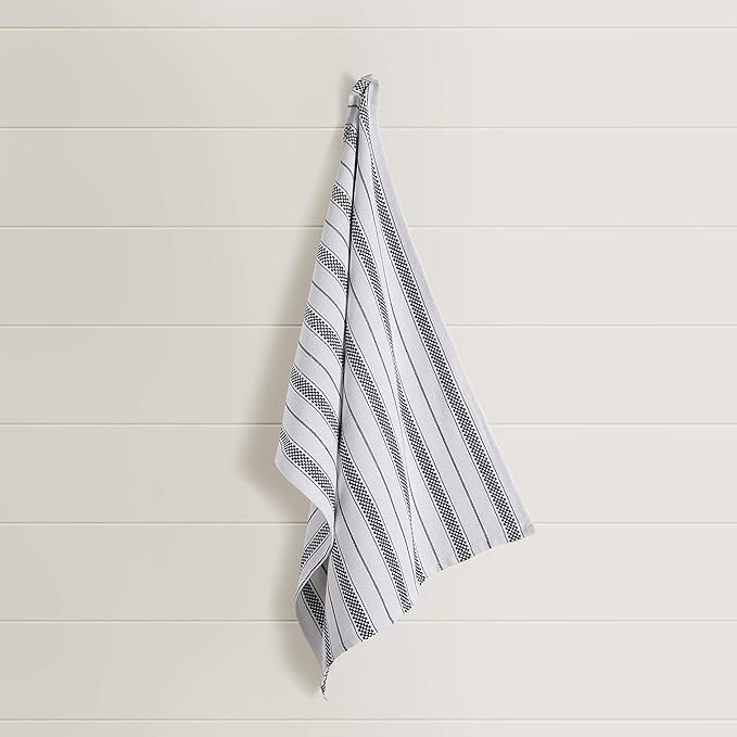 Kitchen Towels Set – Pack of 6 (20’’ x 30’’) Extra Large Premium Cotton Dish Towels for Kitchen – Chain Stripe Towels – Absorbent – 100% Cotton – with Hanging Loop – Dark Grey