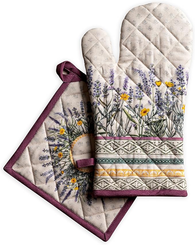 Maison d' Hermine 100% Cotton Oven Mitt & Pot Holder Set (7.5"x13" & 8"x8") Heat Resistant BBQ Cooking Gloves with Loop Baking Grilling Kitchen Gifts for Mothers Day Spring/Summer(Fanny Lavender)
