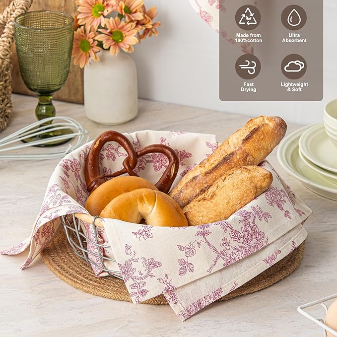 100% Cotton French Pastoral Kitchen Towels Set of 2, Decorative Flour Sack Tea Towels with Hanging Loop 18x25 Inch Absorbent Dish Cloths Farmhouse Home Decor, Pink