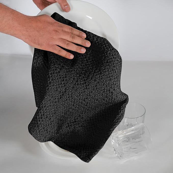 Native Fab Set of 4 Premium Waffle Dish Towels 16x26 inches - Soft Absorbent - 100% Cotton Kitchen Towels for Quick Drying Dishes, Reusable Cleaning Cloths, Black