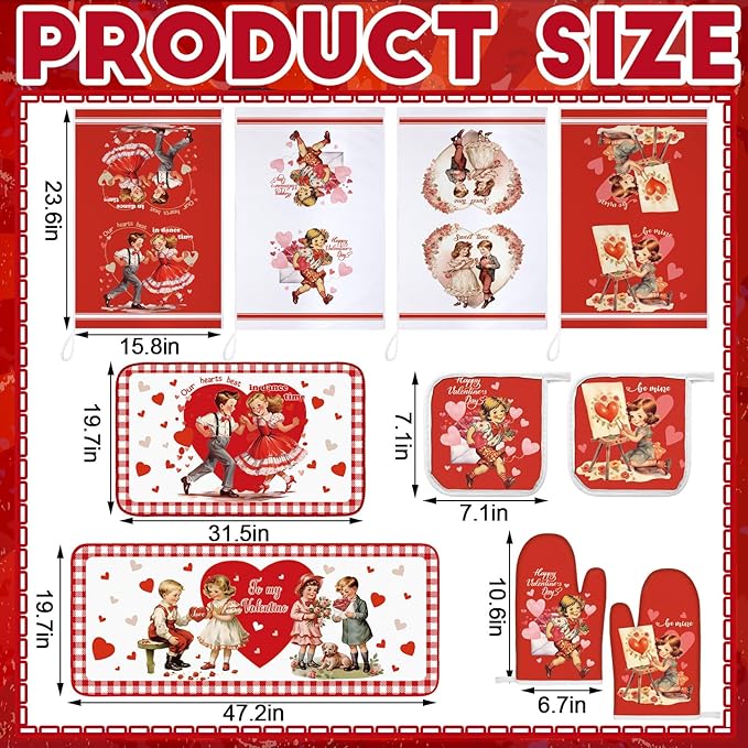 VitalCozy Set of 10 Valentines Kitchen Decor Vintage Kitchen Towels and Rugs Oven Mitts and Pot Holders Absorbent Tea Hand Towels for Accessories Gift