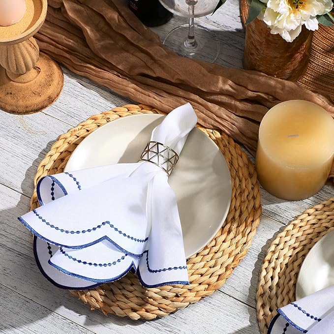 Hahafelt 6 Set Cloth Napkins 18x18inches Scalloped Embroidery Cloth Napkins Washable Polyester Table Dinner for Hotel Restaurant Weddings Events Parties (Navy Blue)