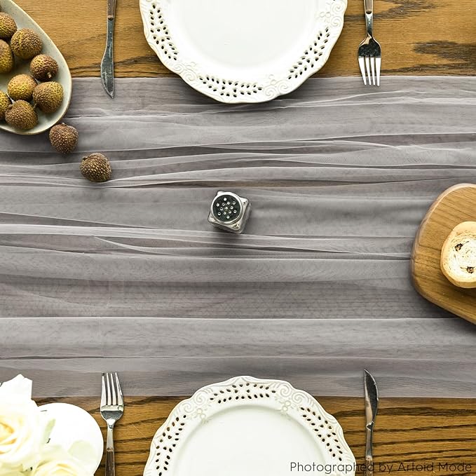 Artoid Mode 3PCS Grey Gauze Table Runner 120 Inch 10FT, Seasonal Sheer Kitchen Dining Holiday Wedding Birthday Baby Shower Table Decor for Home Party