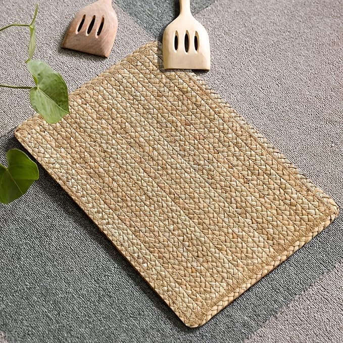 Woven Placemats Set of 6 Rattan Placemats Rectangle Natural Placemats Wicker Heavy Braided Straw Placemat Farmhouse Square Plates Place mats for Indoor/Outdoor Patio Table 17.7'' X 11.8''
