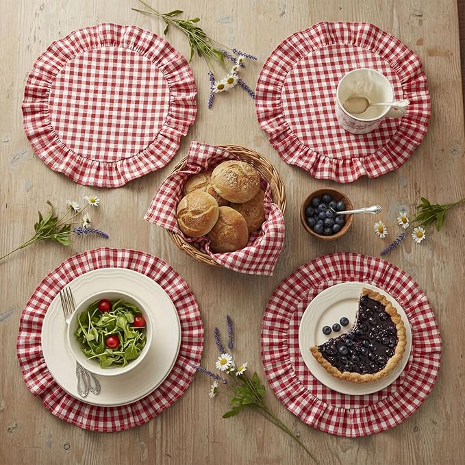 4 Pcs 15 Inch 100% Cotton Scalloped Round Placemats, Thin Retro Red Gingham Place Mats with Ruffle, Washable Placemats Table Mats for Kitchen Dining Holiday Gatherings Decor
