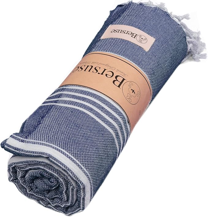 Bersuse Towels Anatolia XL Beach Blanket Throw Blanket Turkish Towel 100% Cotton Extra-Large Quick-Dry Lightweight Premium Peshtemal Towel - 61x82 Inches, Dark Blue