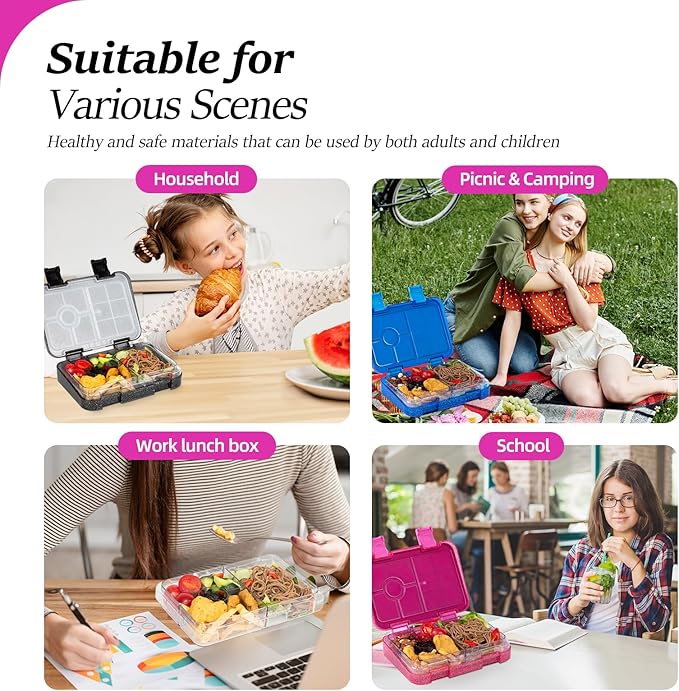 Bento Lunch Box for Kids, Plastic Lunch Box Case 5/6 Tritan Compartments, BPA free, Ideal Portion Sizes for On-the-Go Meal, Shiny Rose and Clear