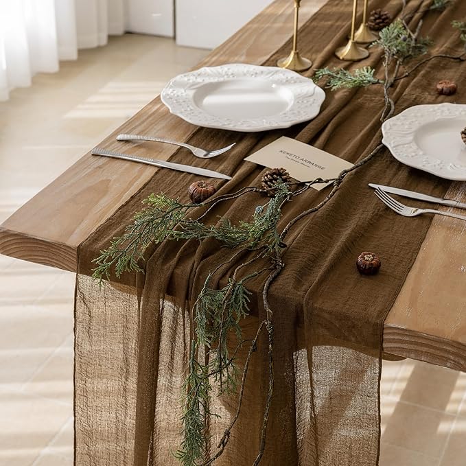Keketoarrange 6pcs Coffee Gauze Rustic Cheesecloth Table Runner 120 Inch 10 FT for Wedding Baby Shower Bridal Shower Birthday Engagement Garden Outdoor Party Long Sheer Boho Decorations