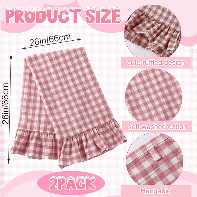 HunnmingRe Pink Kitchen Towels Set of 2, 100% Cotton Ruffled Gingham Dish Towels 18"x28" Absorbent Tea Cloths Classic Plaid Pattern for Farmhouse Charm, Drying Dishes, Entertaining Guests