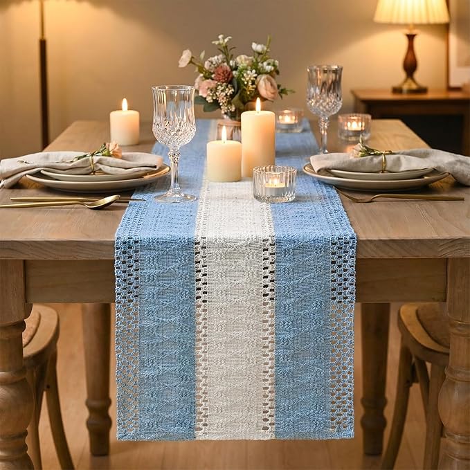 Artoid Mode Sky Blue Farmhouse Rustic Table Runner, Seasonal Hollow Kitchen Dining Table Decoration for Home Party Decor 12x48 Inch