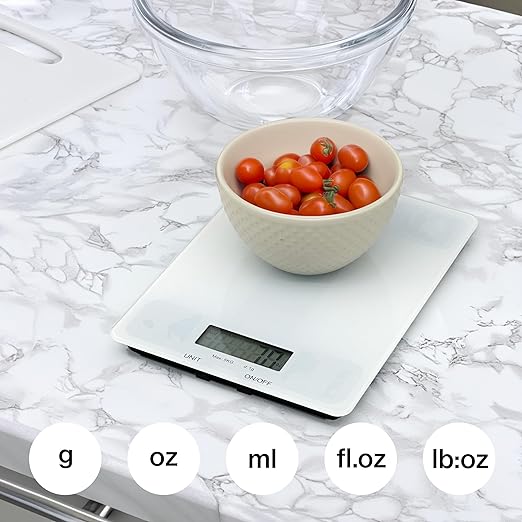 Glass Platform Digital Kitchen Scale - for Food Coffee Lab - LCD Display gram Ounces lb:oz fl.oz ml - 11 LB/5 KG Capacity - Battery Included - Black by The Display Guys