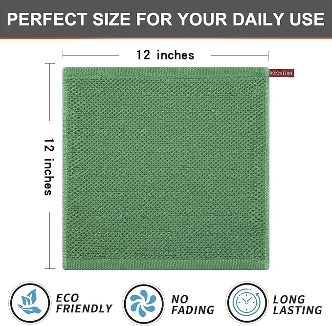 Kitinjoy 100% Cotton Kitchen Dish Cloths (12 X 12 Inches, Grass Green), 6 Pack Waffle Weave Ultra Soft Absorbent Dish Towels for Drying Dishes Quick Drying Kitchen Towels Dish Rags