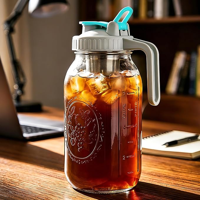 Mason Jar Cold Brew Coffee Maker 32 Oz Wide Mouth Cold Brew Pitcher 1 Quart Airtight & Leakproof Mason Jar Pitcher With Stainless Steel Fine Mesh Filter For Coffee, Iced Tea, Sun Tea, Lemonade
