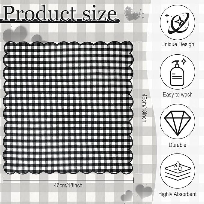 SmoothNovelty 12 Pack Buffalo Plaid Cloth Napkins 18x18 Inch Spring Checkered Cloth Napkins Scalloped Soft Cotton Table Mat Washable Reusable for Dinner Wedding Birthday Parties (Classic,Black)