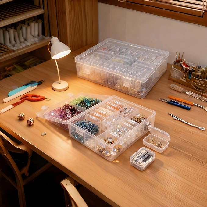 Goodma Small Bead Organizers, 54 Pieces Plastic Storage Cases Mini Clear Containers Transparent Rectangle Craft Supply Boxes with Hinged Lid